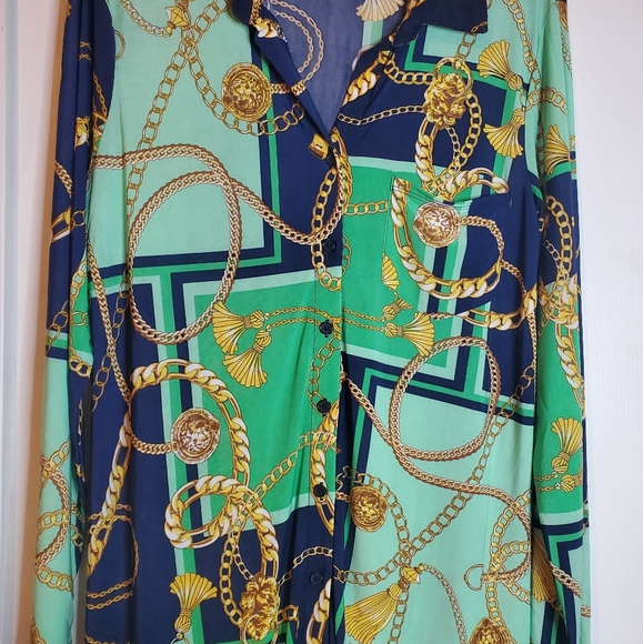 Rainbow Plus Size Chain Pattern Button Down Shirt Dress, Green-1X - Picture 3 of 6